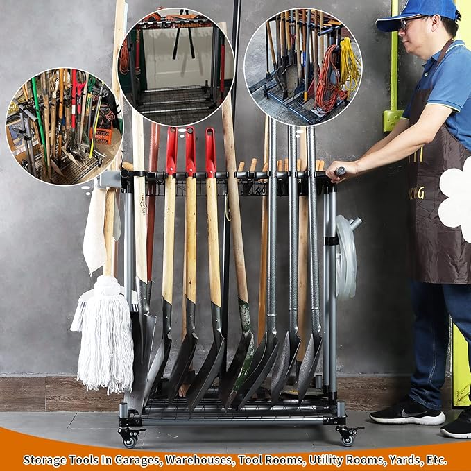Heavy duty garden tool organizer garage storage holder storage large long farming tools lawn tool metal rack shovel and rake organizer