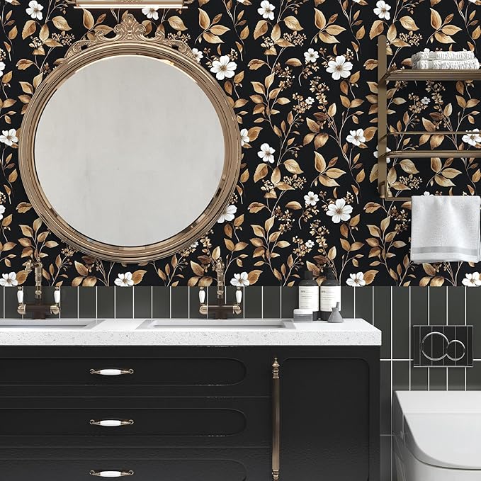 Extra Long Vintage Gold Wallpaper, 17.5" x 393" Classic Black and Gold Floral