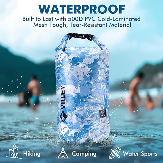 VILLEY Dry Bag Waterproof 10L Roll Top Sack Keeps Gear Dry Lightweight Sack for Kayaking Boating Camping Swimming and Beach Adventures Blue Camo