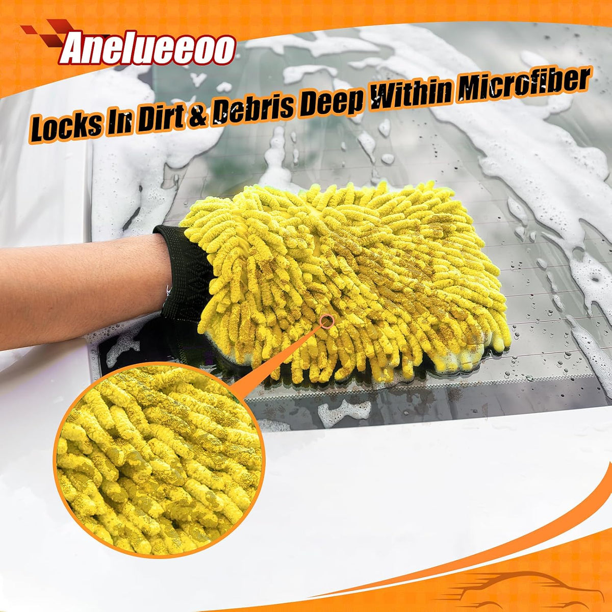 Car Wash Mitt Microfiber, Premium Chenille Microfiber Wash Car Mitts Sponge Scratch Free & Lint-Free, Mitts Waterproof Lining 4 Pack Yellow (8''X12'')