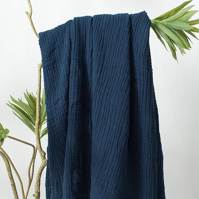 Carriediosa 100% Cotton Muslin Throw Blanket 66" X 90" Twin XL Size，4-Layers Summer Gauze Throws for Bed Couch，Soft Lightweight Breathable Linen Blankets Bedspread for Adults All Season，Navy Blue