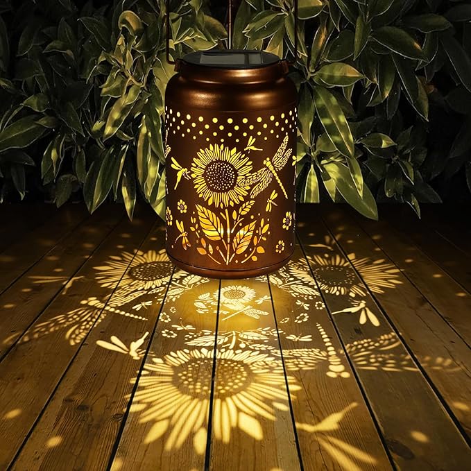 2 Pack Solar Lanterns Outdoor Waterproof, Dragonflies Garden Decor Gifts for Women Mom Grandma Hanging Solar Lights Metal Decoration Outside for Yard, Pati(Sunflowers)
