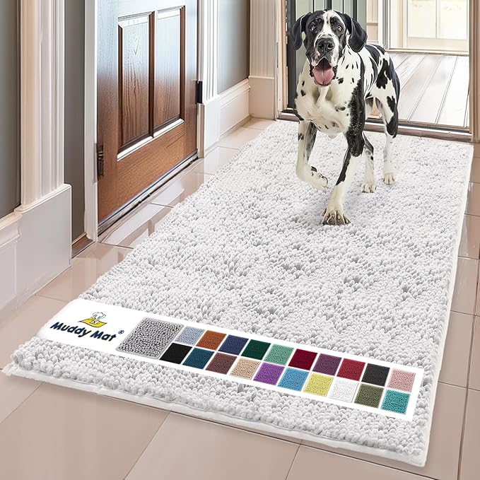 Muddy Mat® | Super Water Absorbent Door Mat Indoor, Microfiber Quick Dry Chenille Entryway Rug, Slip Resistant Front Door Mat, Indoor Mats for Entryway, Machine Washable Pet Rug,-White Runner 59"X24"