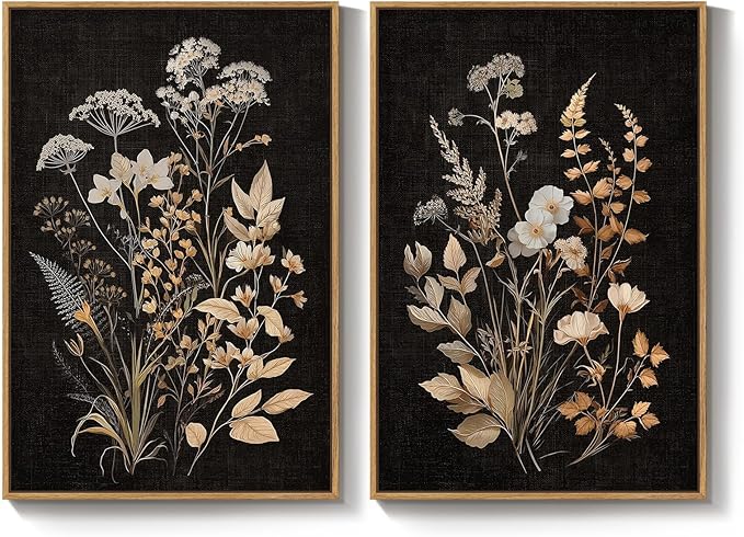 Large Framed Vintage Botanical Wall Art Set of 2, Neutral Farmhouse Moody