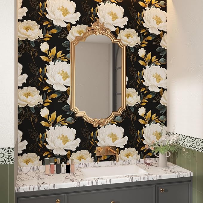 Extra Long Dark Floral Peel and Stick Wallpaper, 17.5In x 393In Vintage Big