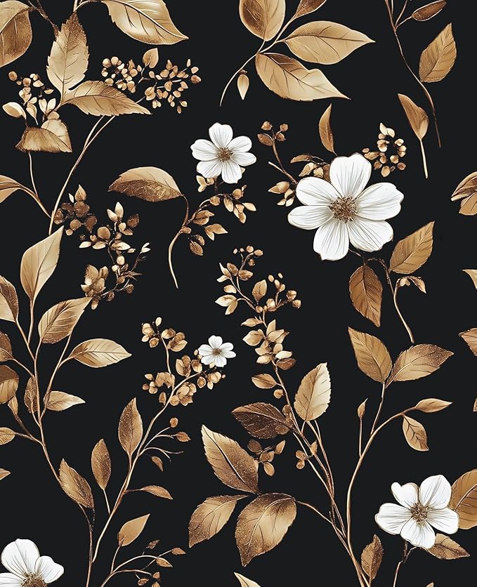 Extra Long Vintage Gold Wallpaper, 17.5" x 393" Classic Black and Gold Floral