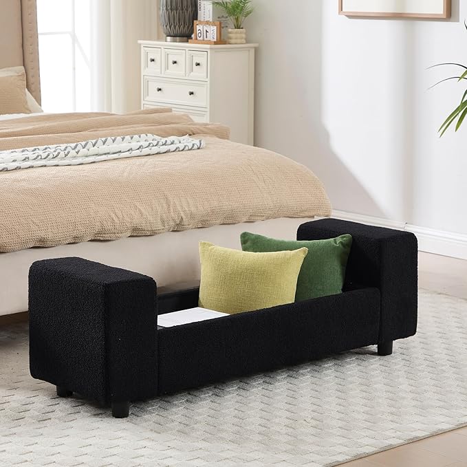 Teddy Storage Ottoman Bench,55 Inch Upholstered Boucle Comfy Sherpa End of Bed Bench with Large Storage for Bedroom/Living Room/Entryway/Closet(Black)