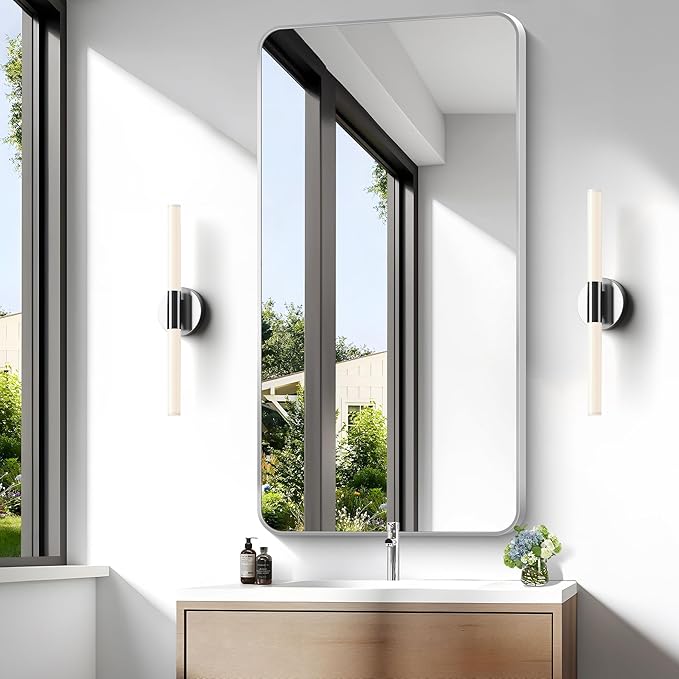 Silver Bathroom Mirror,24x48 inch Wall Mirror for Bathroom Wall Mounted,Rectangle Mirror for Bathroom Over Sink,Modern Frame Round Corner for Living Room,Bedroom Entryway,Horizontal/Vertical