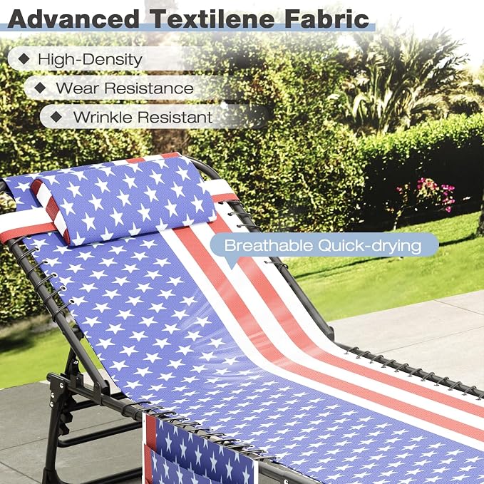 Outdoor Lounge Chair, Foldable Reclining Chaise Lounge with Detachable Pillow & Side Pocket, 4-Position Recliner Tanning Chair for Beach, Pool, Lawn, Backyard, Tricolor Stripe, 2 Packs