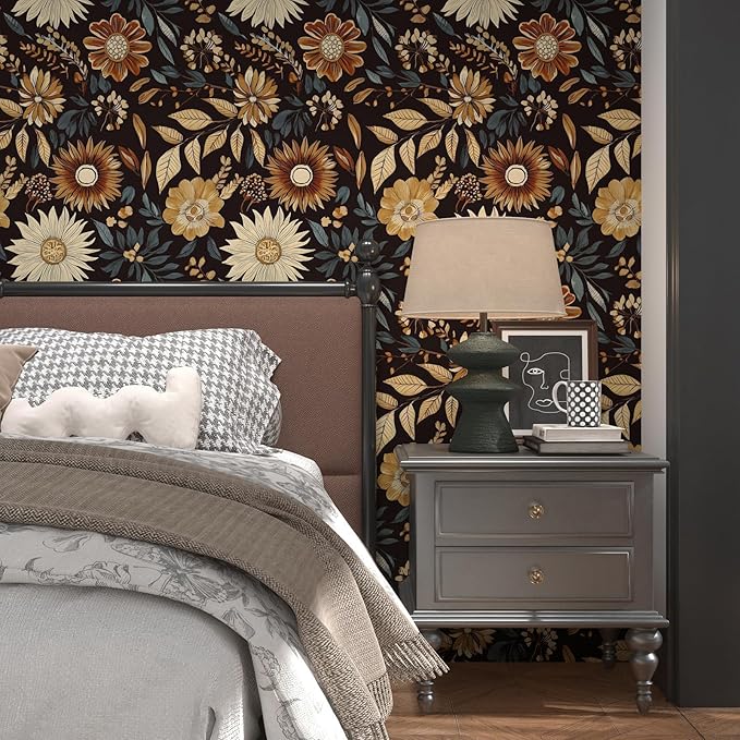 Extra Long Vintage Wallpaper Peel and Stick, 17.5" x 393" Boho Dark Floral