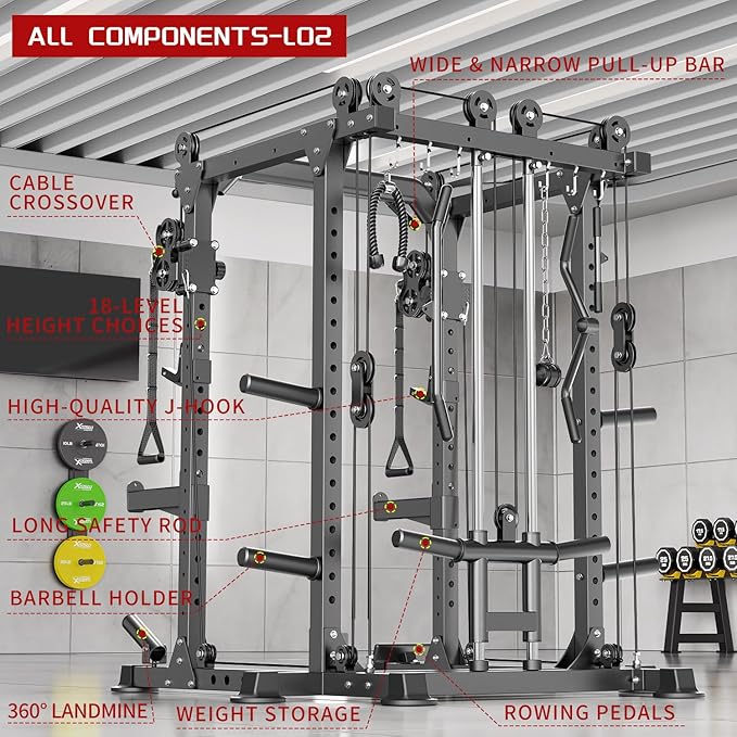 Power Cages Multi-Purpose Squat Rack with Cable Crossover System, Matching Weight Bench, Olympic Barbell Weight Set for Garage and Home Gyms