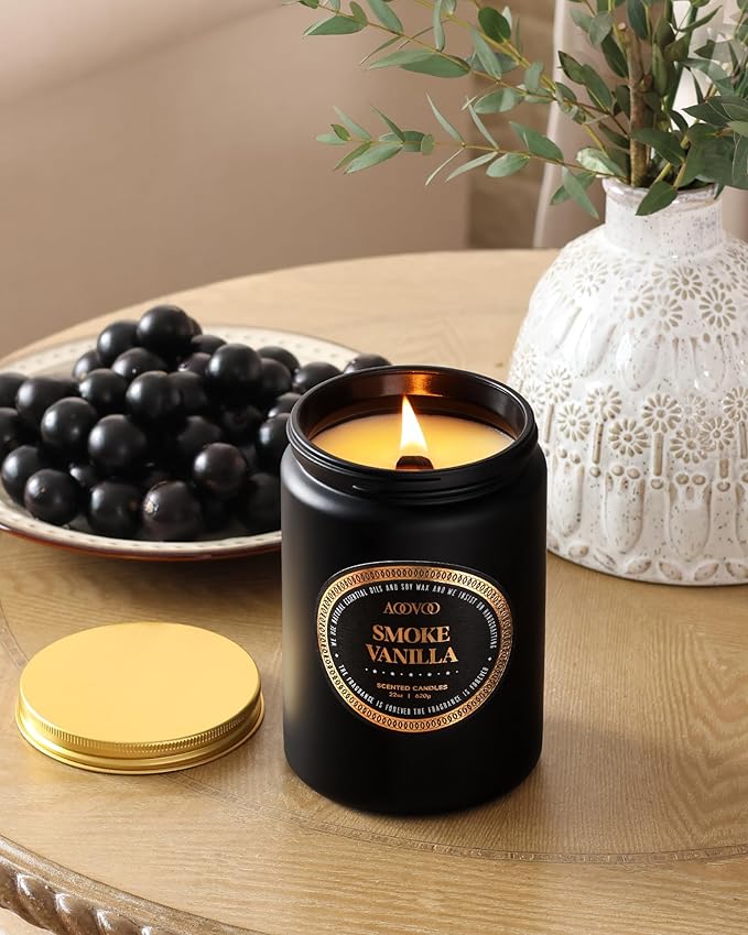AOOVOO Scented Candles for Men - Large 22oz 120 Hours of Burn Time, Smoke & Vanilla Candles for Home Scented | Crackling Wood Wick Soy Candle | Strong Fragranced Black Candle Gift for Women & Men