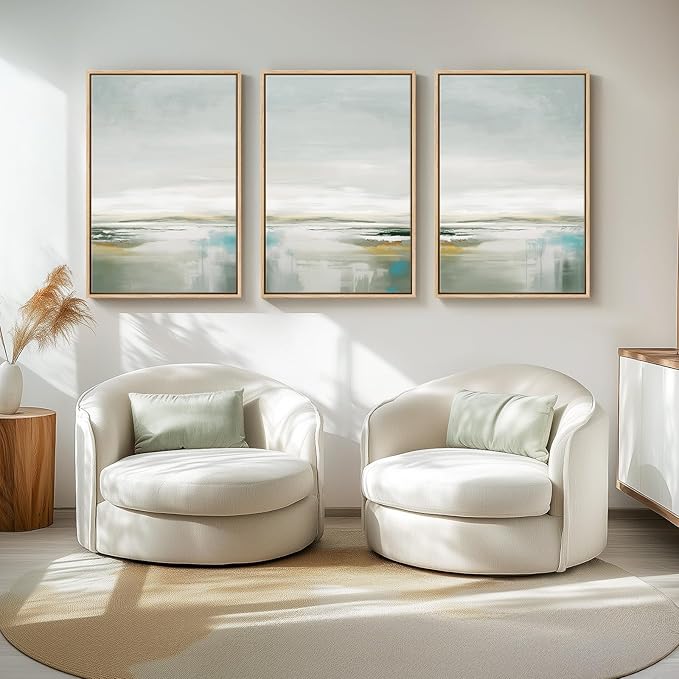 Large Framed Green Abstract Landscape Wall Art for Living Room, 3 Piece Canvas Prints Paintings Artwork for Walls, Modern Minimalist Pictures for Dining Room, Hallway, Office Wall Decor 24x36 In