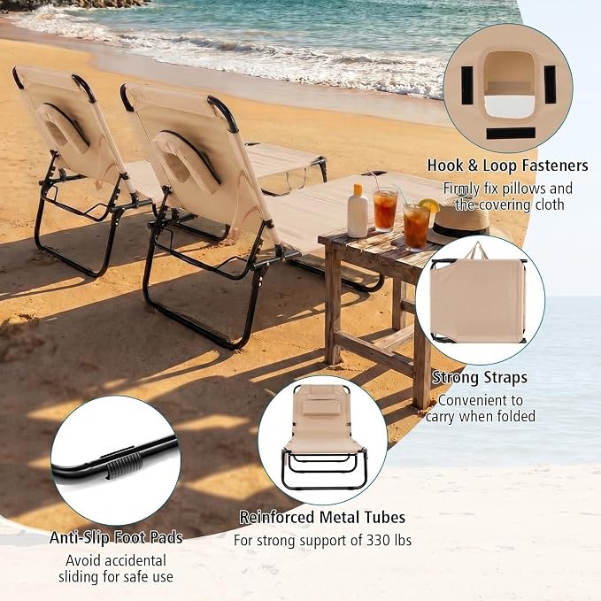 GYMAX Tanning Chair, 330lbs Beach Lounge Chair with Face Hole, Washable Pillow & Carry Strap, Adjustable Folding Chaise Lounge, Layout Lounger for Outside, Patio, Poolside, Lawn (2, Beige)