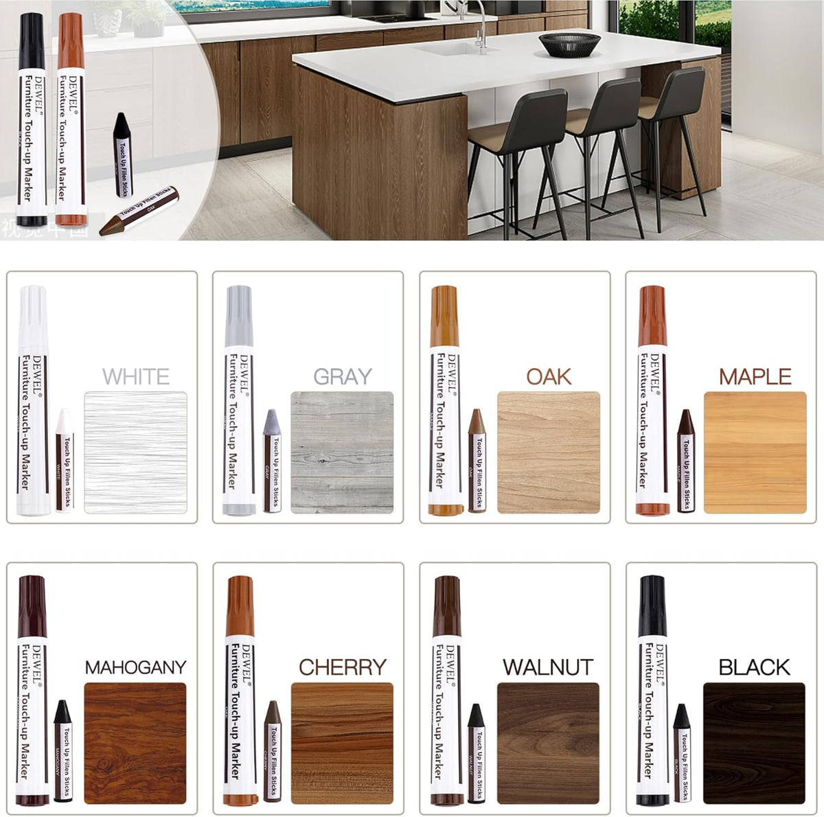 DEWEL Furniture Markers Touch Up, Upgrade Wooden Furniture Repair Kit, Premium Wood Scratch Repair Markers and Wax Sticks for Wood Stains Scratches Hardwood Floors Tables, Set of 17