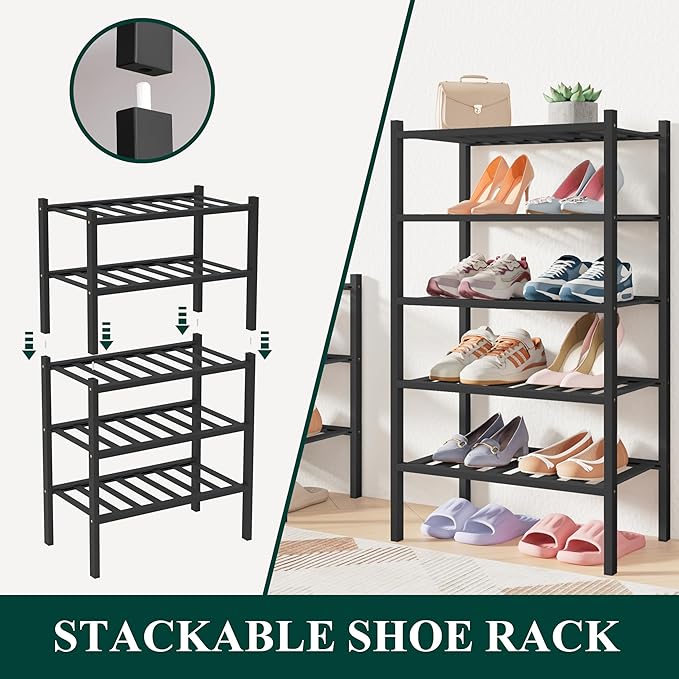 Smiry Bamboo Shoe Rack for Closet, 2 Tier Small Wooden Stackable Shoe Organizer, Free Standing Shoes Storage Shelf for Entryway, Front Door Entrance, Black