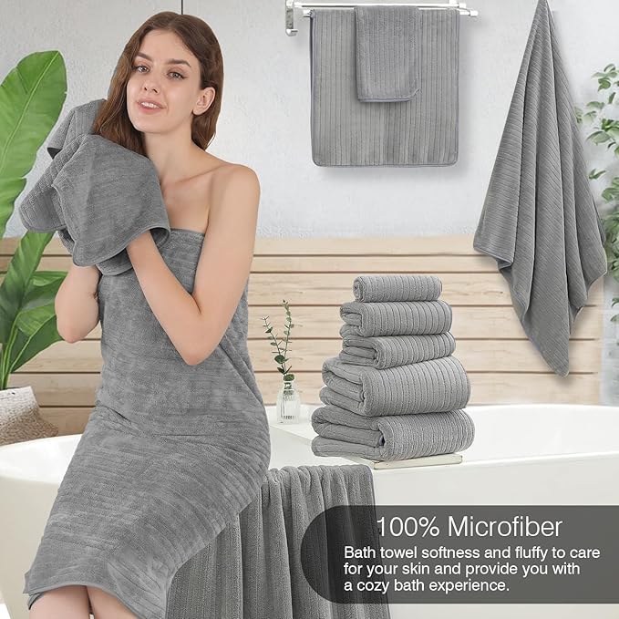 18 Piece Family Bath Towel Set Include 6 Bath Towels,6 Hand Towels and 6 Washcloths Soft Bathroom Towel with Hanging Loops,Highly Absorbent Quick Dry Towels Set for Bathroom,Hotel and Spa-Grey