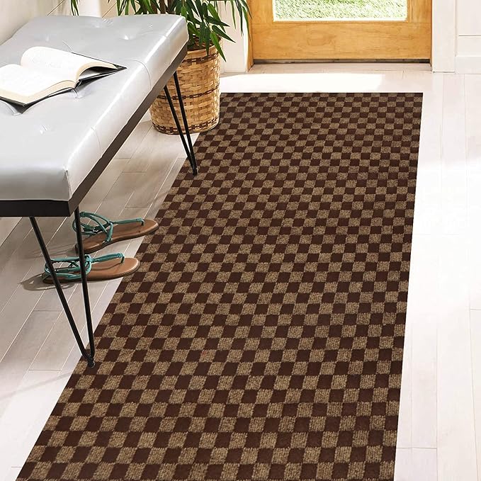 2' x 9' Runner Rugs with Rubber Backing, Indoor Outdoor Utility Carpet Runner Rugs, Checkered Brown, Can Be Used as Aisle for The RV and Boat, Laundry Room and Balcony
