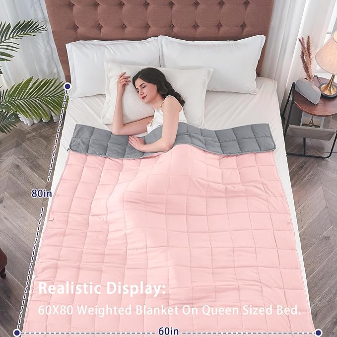yescool Weighted Blanket for Adults (25 lbs, 60" x 80", Pink Grey) Cooling Heavy Blanket for Sleeping Perfect for 240-260 lbs, Queen Size Breathable Blanket with Premium Glass Bead, Machine Washable