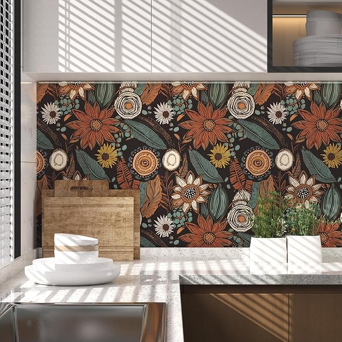 Boho Floral Wallpaper Peel and Stick, Vintage Botanical Contact Paper 17.5" x