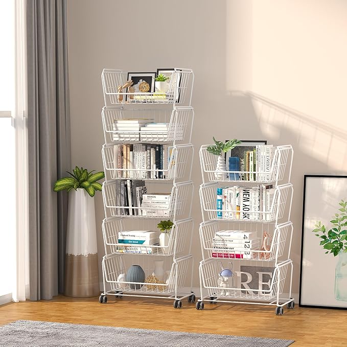 PUSDON Stackable Metal Storage Carts, Dual Use Shelf for Kitchen Fruit Vegetable Baskets with Wheels, Storage Rack for Living Room, Home & Office, Standard White 6 Tiers
