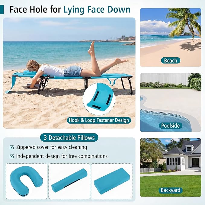 GYMAX Tanning Chair, 330lbs Beach Lounge Chair with Face Hole, Washable Pillow & Carry Strap, Adjustable Folding Chaise Lounge, Layout Lounger for Outside, Patio, Poolside, Lawn (2, Arctic)