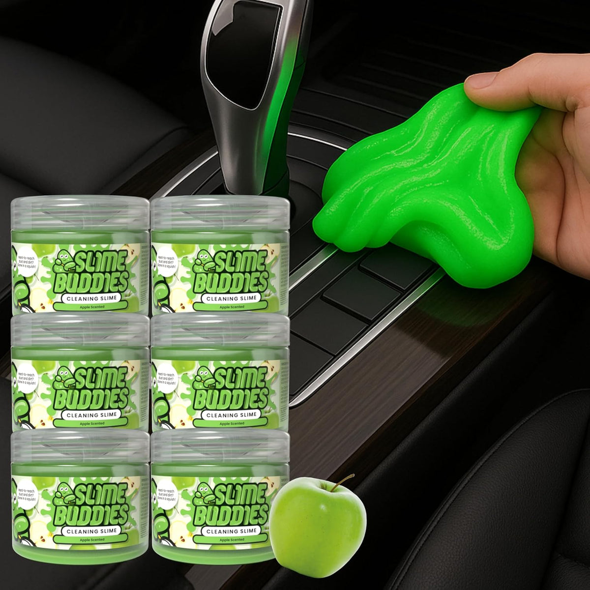 Slime Buddies Car Cleaning Gel Putty - 6 Pack Apple Scented Interior Detailing Tool for Cup Holder, Air Vent & Keyboard - Reusable Auto Detailing Accessories - Dust Remover Goop - Gifts for Men Women
