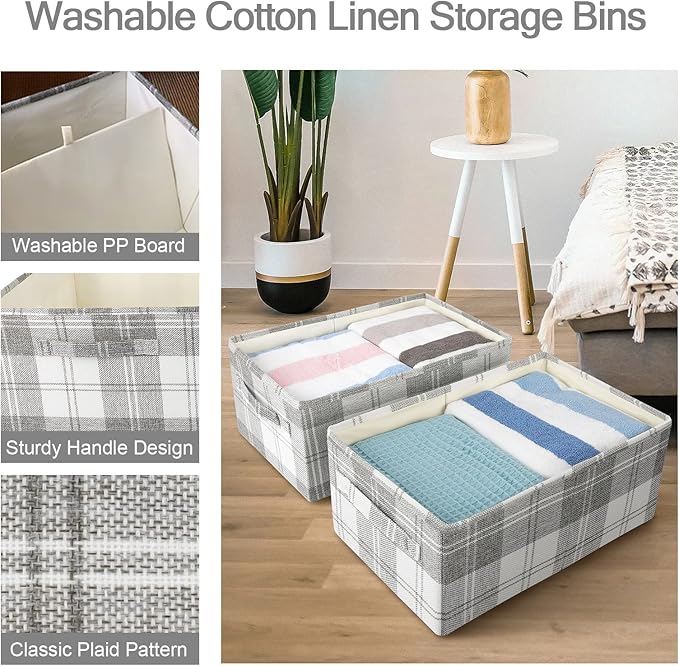 ANMINY 2PCS Storage Baskets Closet Storage Organizer Bins with Handles, Foldable Large Fabric Storage Bins for Shelves, Rectangular Baskets Laundry Clothes Blanket Cubes - Light Gray, Extra Large