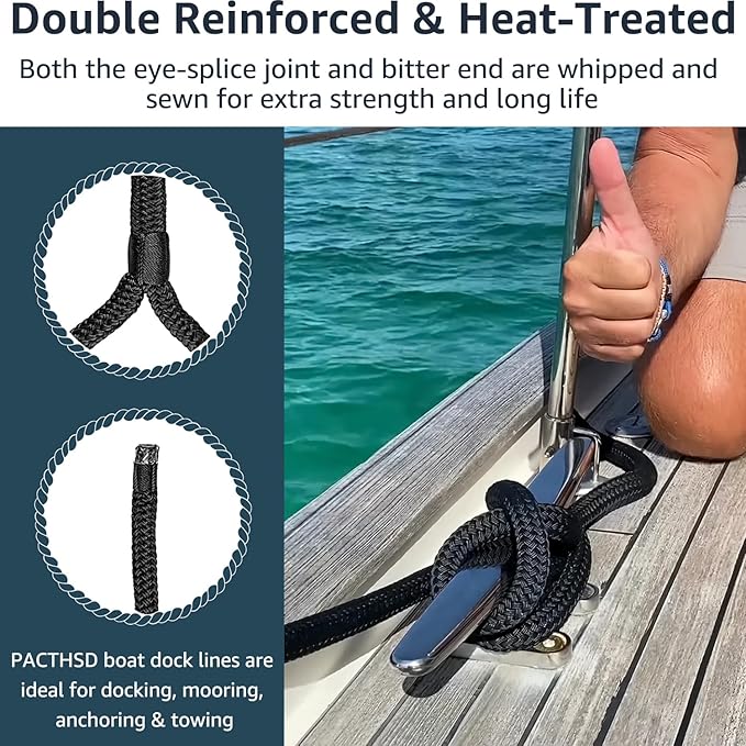 2 Pack 1/2" x 30' Dock Lines - Marine Grade Nylon Boat Rope with 12" Loop for Docking and Mooring - Double Braided Boat Lines, High Strength, Easy Handling, Fray Resistant - Black
