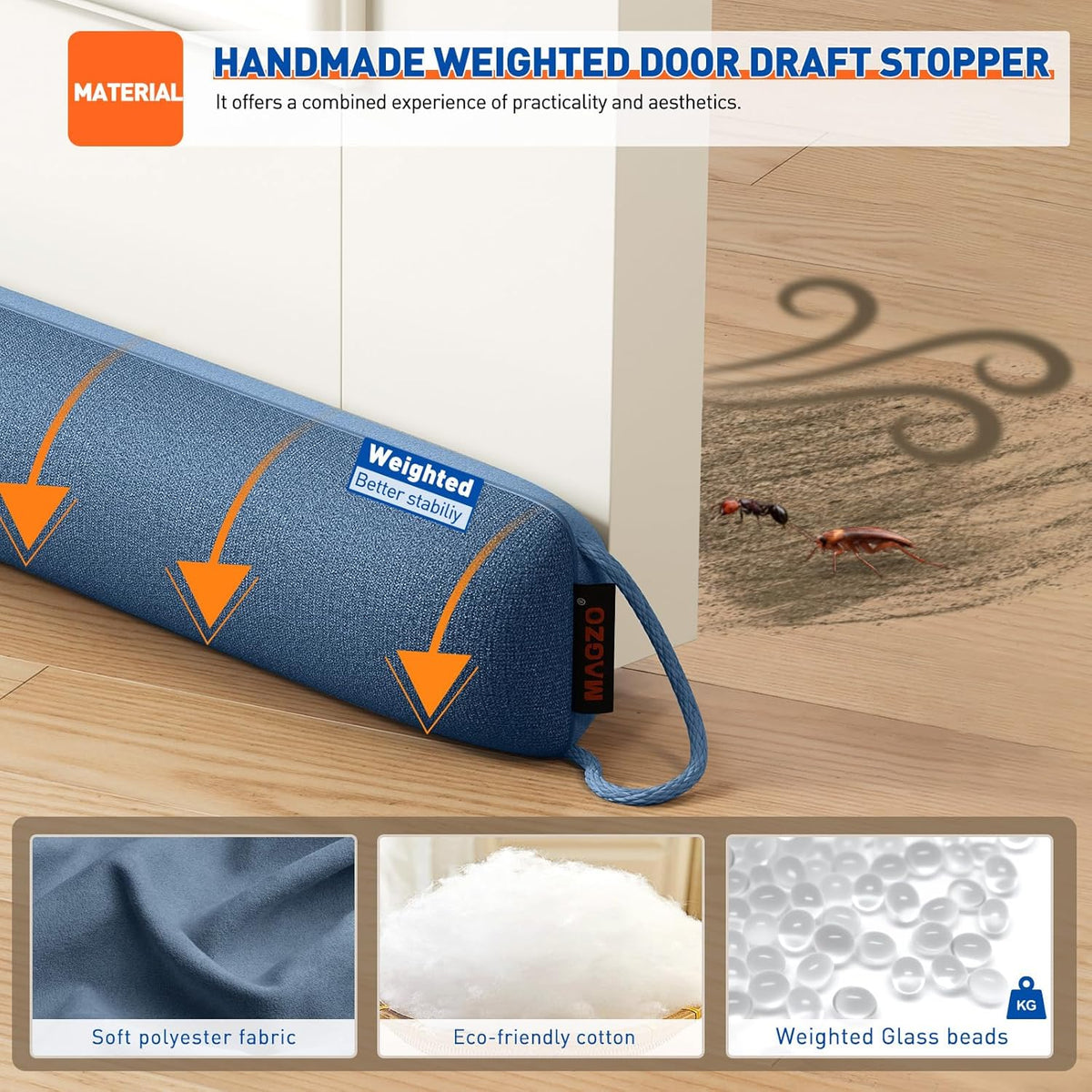 MAGZO Door Draft Stopper, 36 Inch Under Door Draft Blocker Noise Stopper, Weighted Wind Blocker Draft Guard for Bottom of Door, Blue