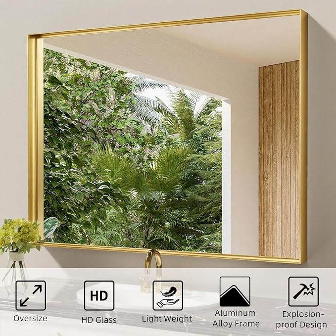 55x30 Inch Gold Bathroom Mirrors for Over Sink, Aluminum Metal Framed Mirror, Large Mirror,Wall-Mounted Rectangle Mirrors, Tempered Glass, High Definition, Horizontal/Vertical