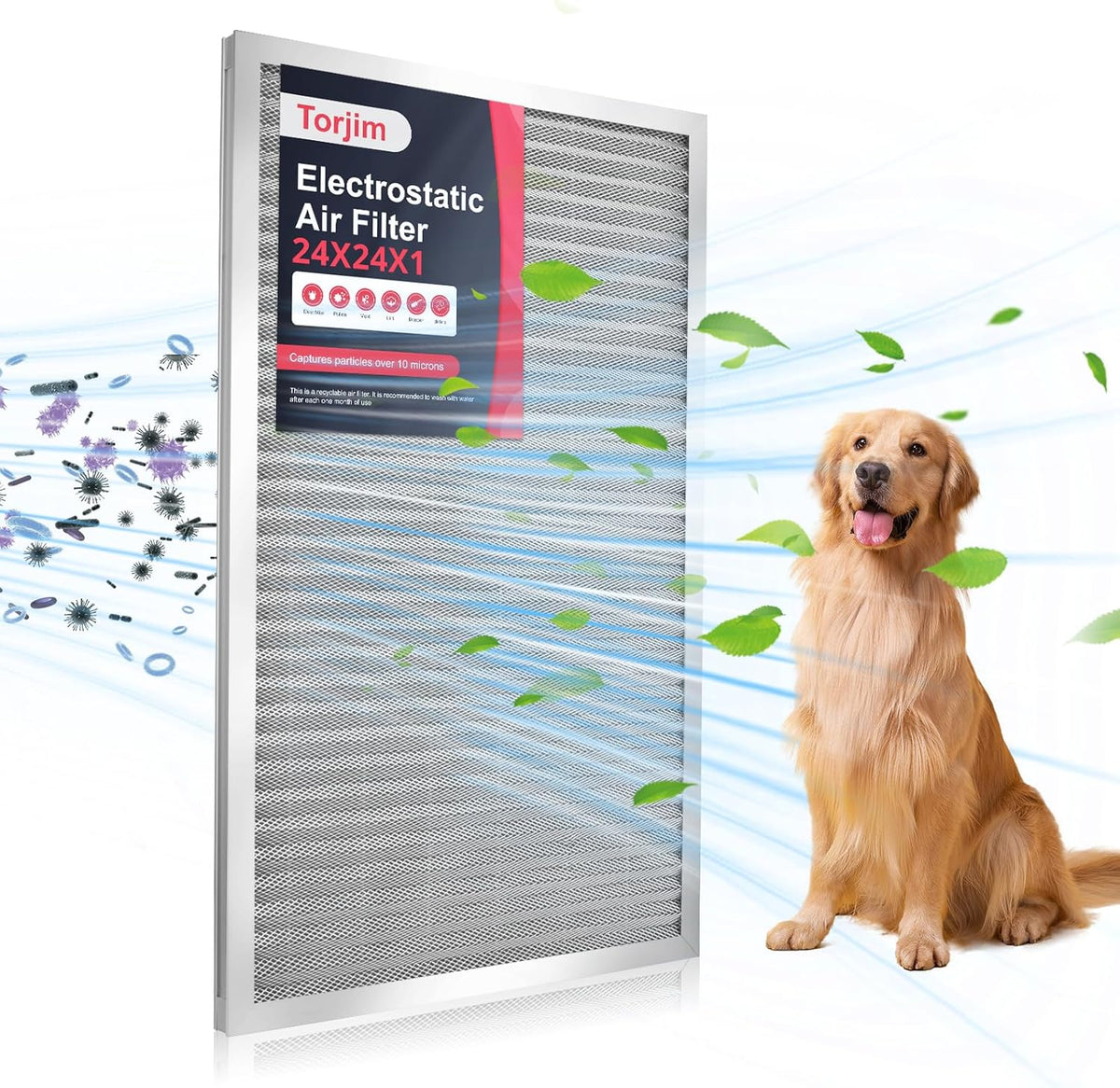 Torjim 24x24x1 Air Filter-MERV8, Washable & Reusable AC/HVAC Permanent Electrostatic Furnace Filters, Breathe Fresher, Easy Install