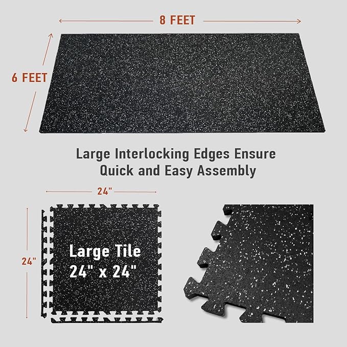 AIRHOP 0.56in Thick 48 Sq Ft Exercise Equipment Mats, 12 Tiles Upgraded Rubber Top with High Density EVA Foam, Large Interlocking Puzzle Gym Flooring for Home Gym, Heavy Weight Workout, 24 x 24in