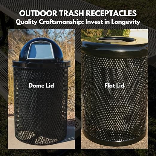 COATEDOUTDOORFURNITURE 32-Gallon Heavy-Duty Expanded Metal Round Trash Receptacle, Commercial Outdoor Waste Bin with Liner & Black Flat Top Lid – Made in America (Textured Gold Vein)