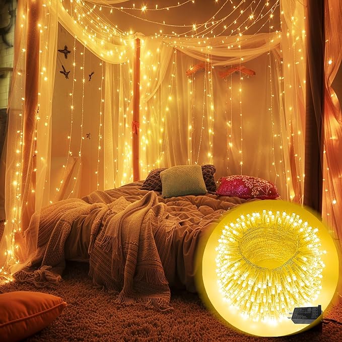 115FT 300LED Warm White Christmas String Fairy Lights Indoor/Outdoor, Waterproof with 8 Modes, Clear Wire Plug in Twinkle Light for Outside Garden Bedroom Christmas Tree Decorations