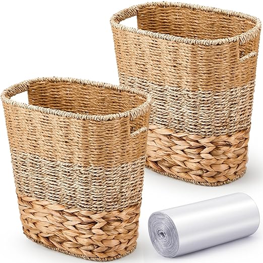 2 Pcs Wicker Trash Can with 50 Small Trash Bag Wicker Waste Woven Basket with Handles Clear Multi Use Garbage Bags for Bathroom Kitchen Bedroom(Various Materials,Classic Style)