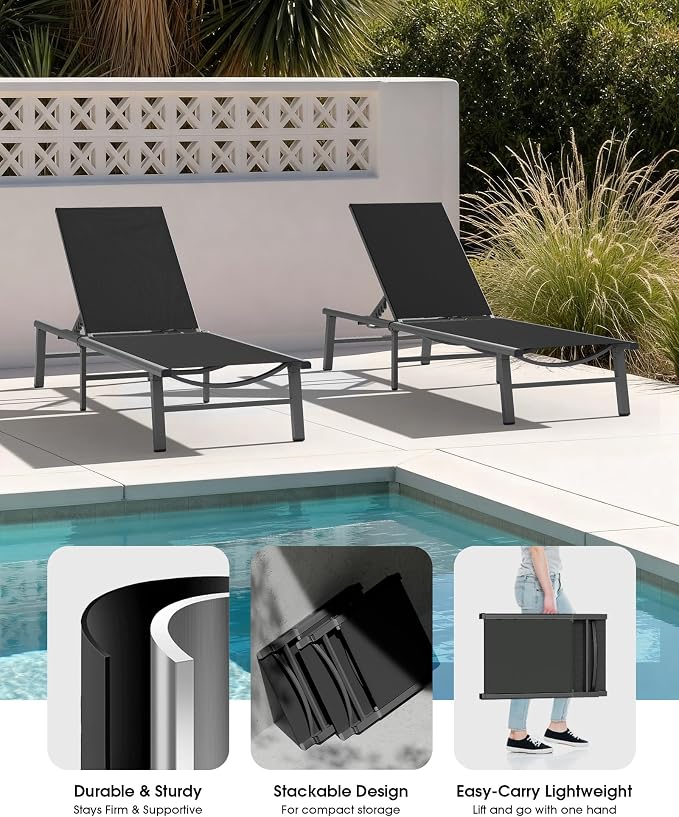 Ciokea Foldable Outdoor Lounge Chair Set of 2, No Assembly Aluminum Chaise Lounge Outdoor with 5 Adjustable Positions, Pool Lounge Chairs with Portable Design for Pool, Beach, Deck, Patio, Black