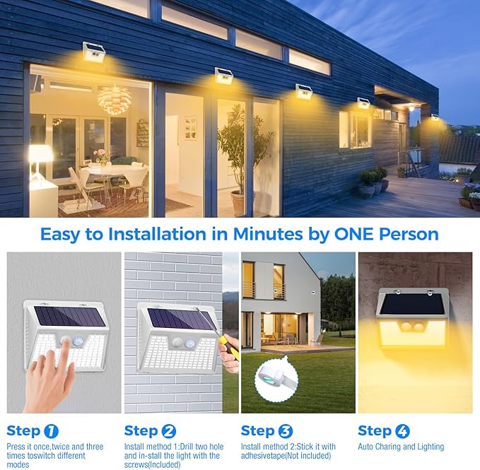 Peasur Solar Lights Outdoor Motion Sensor Waterproof, 6Pack 140LED White Solar Powered Fence Lights, 3 Modes Security Wall Lights for Garden Yard Outside Warm
