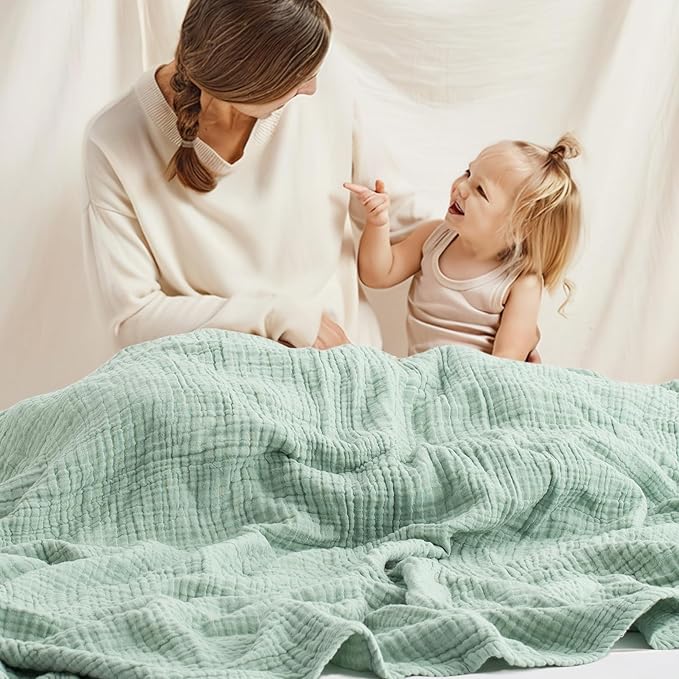 Carriediosa 100% Cotton Muslin Throw Blanket 66" X 90" Twin XL Size，4-Layers Summer Gauze Throws for Bed Couch，Soft Lightweight Breathable Linen Blankets Bedspread for Adults All Season，Sage Green