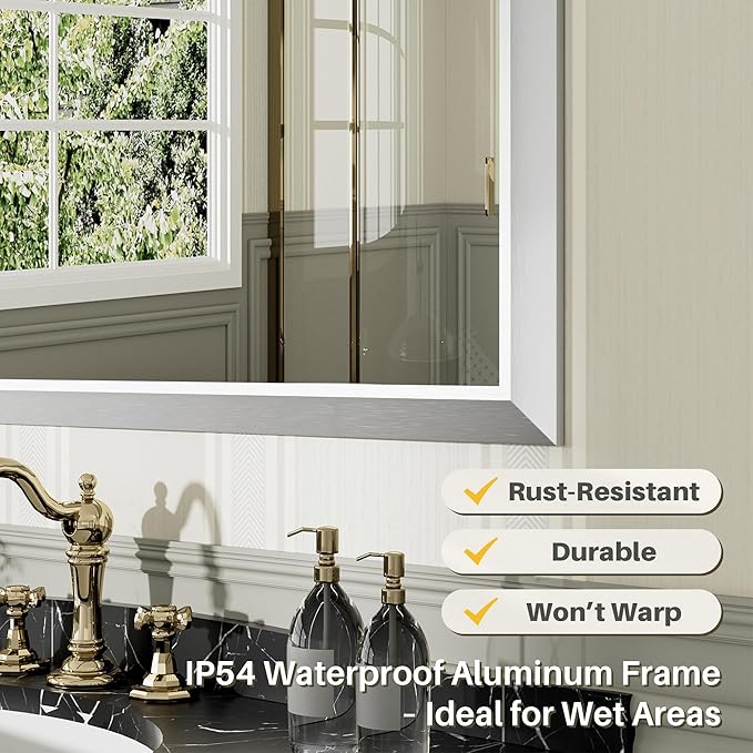 55x30 Inch Silver Bathroom Mirror for Wall, Thick Metal Framed Rectangle Mirrors for Over Sink, Bedroom, Living Room, Entryway, Anti-Rust, HD Tempered Glass