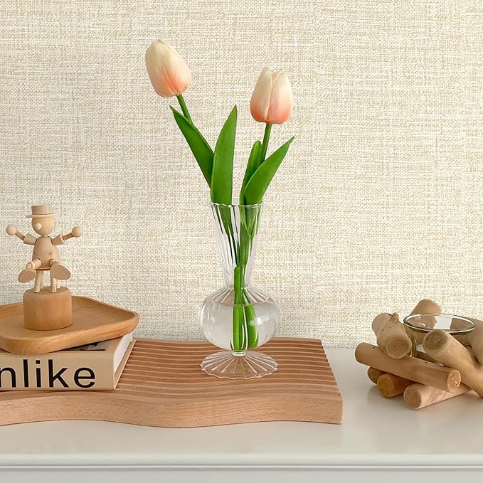 Beige Grasscloth Peel and Stick Wallpaper 17.3"x120" Faux Linen Textured