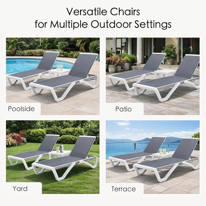 Kozyard Outdoor Chaise Lounge Chair, Fully Flat Adjustable Patio Lounger with Aluminum Frame & Resin Legs, Textilene Fabric for Poolside, Backyard & Beach (Gray)