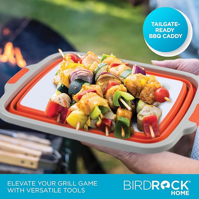 BIRDROCK HOME Collapsible XL BBQ Prep Tub w/Cutting Board, Multi-Function Grill Caddy w/Colander & Lid, Portable Silicone Dish Bowl for Picnic, Tailgate, Camping - Orange