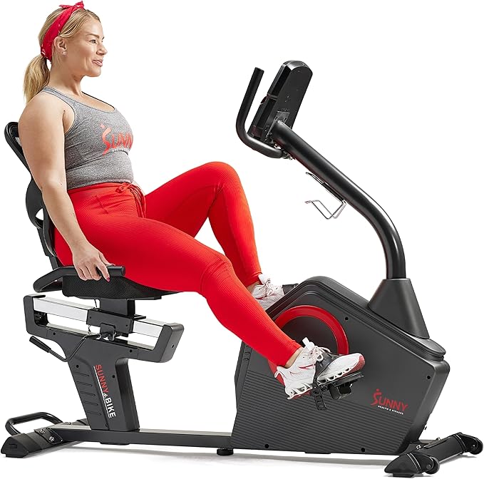 Sunny Health & Fitness Programmable 16 Levels Electro-Magnetic Resistance Recumbent Exercise Bike with 24 Pre-Build Workouts and 300 lbs Weight, Free SunnyFit App Connection for Guided Home Training