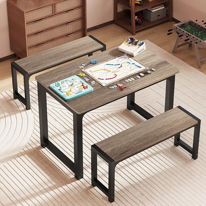 Gizoon 63” Kitchen Table Sets with 2 Benches Extendable Dining Table Set for Small Spaces Dining Room Table 4 Set Chairs for Kitchen Apartment Outdoor and Home Office, Gray