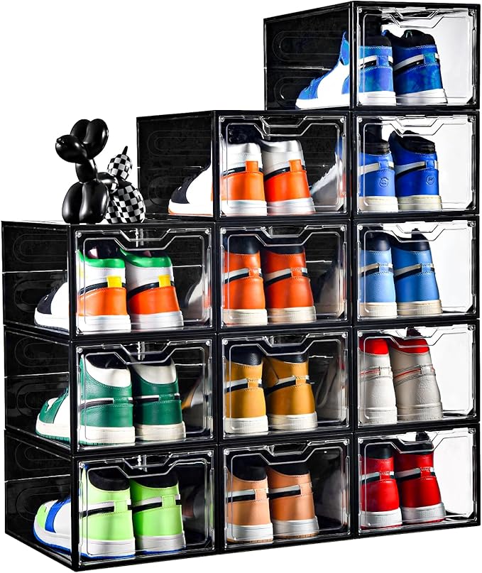 12 Pack Stackable Shoe Storage Organizer with Magnetic Door, Shoe Boxes Clear Black Plastic for Closet, Shoe Rack for Sneaker Boot Container, Shoe Cabinet Fit up to US Size 12