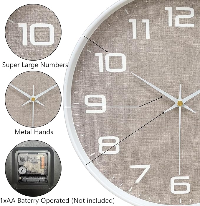 Silent Wall Clock with Large Numbers, 10 Inch Battery Operated Analog Clock