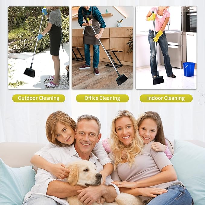 Broom and Dustpan Set for Home with 54" Long Handle, Upright and Lightweight Dust pan and Brush Combo for Kitchen Room Office Lobby Floor Cleaning, Dark Green