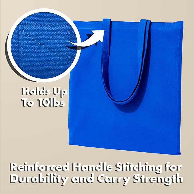Carrywell (Not Made In China) Canvas Tote Bags Blue 12-Pack, 15"x16", Bulk Organic Cotton Reusable Shopping Bag, Blank Cloth Totes With Handles