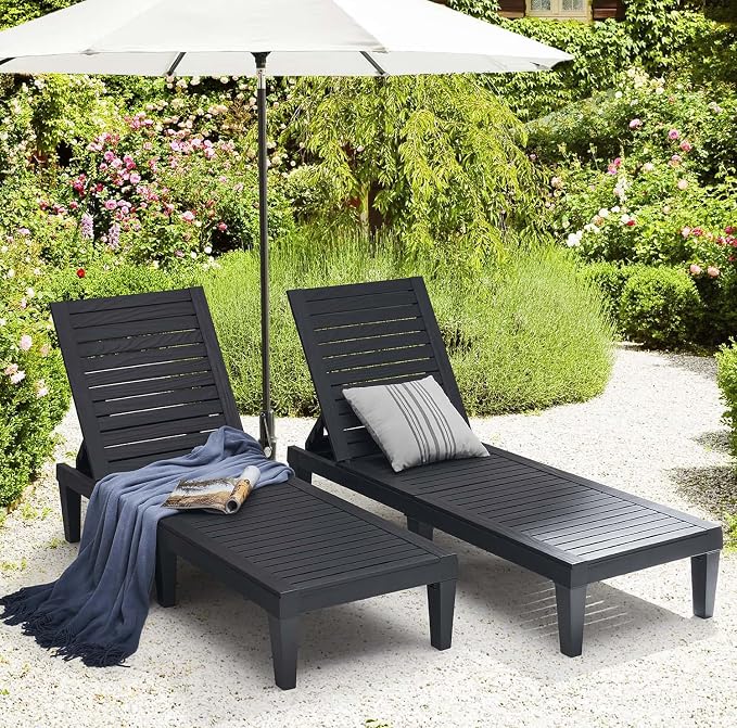 Nestl Patio Chairs - Black Chaise Lounge Chair Outdoor, 5-Position Adjustable Sun Tanning Chair, Waterproof Pool Lounge Chairs Set of 2, Reclining Lawn Chair, Lightweight Outdoor Lounge Chairs